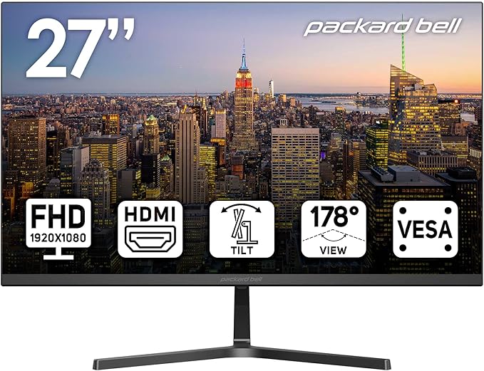 Packard Bell airFrame 27" FHD Monitor, 1920x1080, Ultrawide, VESA Mount Compatible, Tilt Adjustment, HDMI/VGA, Slim Bezel, for Home, Office, and Light Gaming