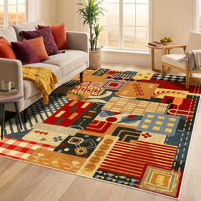 Washable 4x6 Vintage Patchwork Area Rug, Boho Tribal Geometric Colorful Rugs for Living Room, Non-Slip Low Pile Indoor Carpet, Vintage Rustic Rug for Dining Room Bedroom Office Entryway Decor
