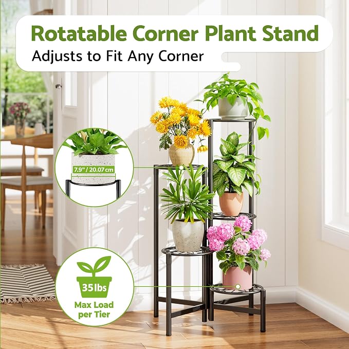Plant Stand Indoor Outdoor, 5 Tier Corner Metal Flower Display Holder Stand, Folding Tall Plant Rack for Patio Balcony Porch Garden Living Room House, Heavy Duty Wrought Iron Plant Shelf - BlackS