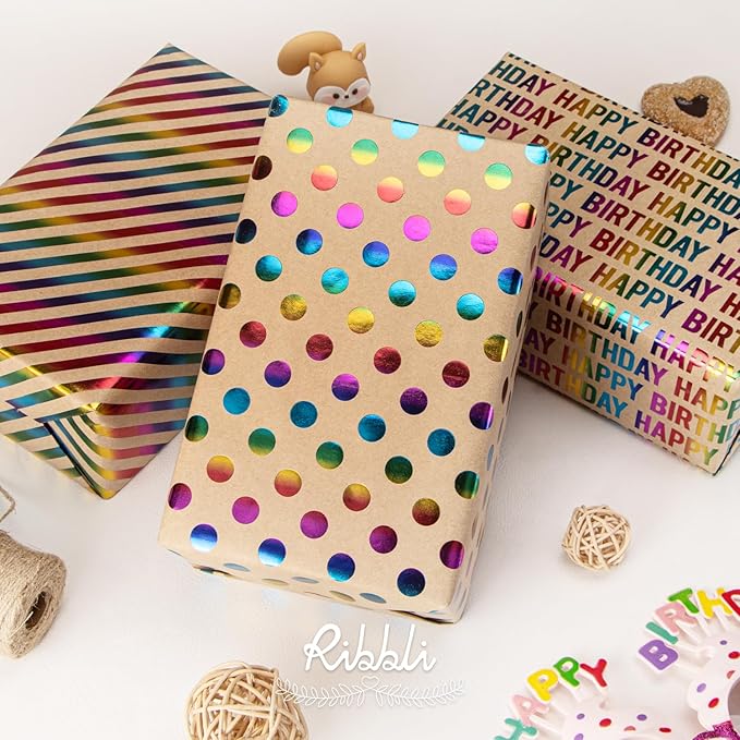 Ribbli Birthday Kraft Wrapping Paper Iridescent Gift Wrapping Paper Mini Roll, 3 Rolls Happy Birthday Polka Dots Stripes Printed Assortment - 17 inch x 120 inch(10feet) Per Roll