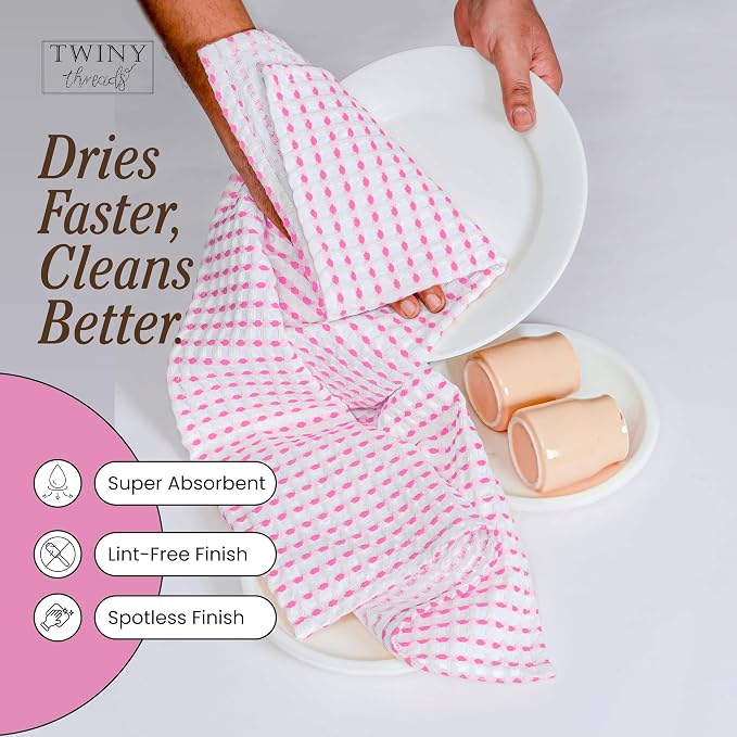 TWINY threads Waffle Towels Set of 4, 16x26 Inches, 100% Cotton, Soft, Absorbent Waffle Weave Kitchen Dishcloth Set, Durable & Machine Washable Tea Towel, Rose Pink, White