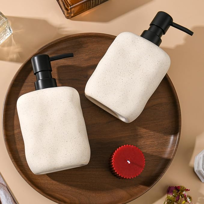 Modern Ceramic Soap Dispenser, Beige Speckled Finish, Black Pump Top, Refillable Liquid Container for Bathroom Kitchen (Beige, 1 Pack)