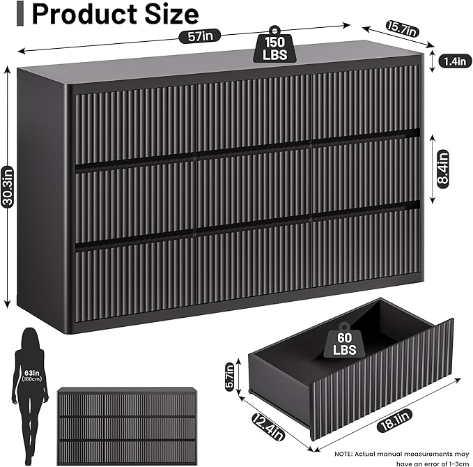 Fluted 9 Drawers Dresser, Wooden Dresser for Bedroom, Curved Profile Design, 57" Wide Modern Chest of Drawers with Texture, Large Dressers TV Stand with Organizer, Black
