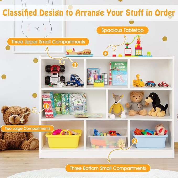 KOTEK Toy Storage Organizer, 8 Cubby Kids Bookshelf, Wooden 4-Tier Bookcase Storage Cabinet, Open Display Book Shelf for Daycare, Nursery, School Classroom, Playroom & Bedroom (White, 8 Cubes)