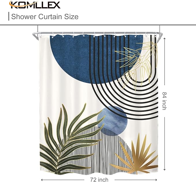 KOMLLEX Mid Century Blue Green Boho Shower Curtain for Bathroom Decor 72Wx84H Inches Extra Long Abstract Modern Plant Botanical Minimalist Arch Fabric Waterproof Polyester 12 Pack Hooks Pack Hooks