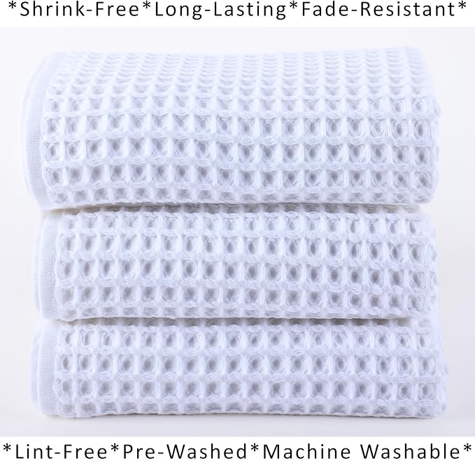 PÜSKÜL Natural 100% Turkish Cotton Waffle Kitchen Towels Set of 3 | Oeko-Tex, Premium Waffle Hand Towels for Bathroom | Soft Absorbent Quick-Dry Lint-Free Dish Towel Large 32x16 inch (3, White)