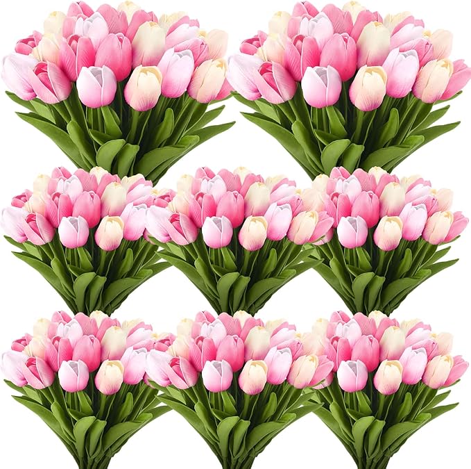 Janinka 60pcs Artificial Tulip Flowers Fake PU Tulips Faux Latex Bouquet Flower Centerpieces Arrangement Floral for Mother Day Wedding Spring Decorations (Pink)