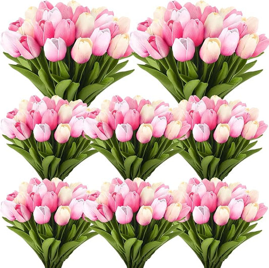 Janinka 60pcs Artificial Tulip Flowers Fake PU Tulips Faux Latex Bouquet Flower Centerpieces Arrangement Floral for Mother Day Wedding Spring Decorations (Pink)