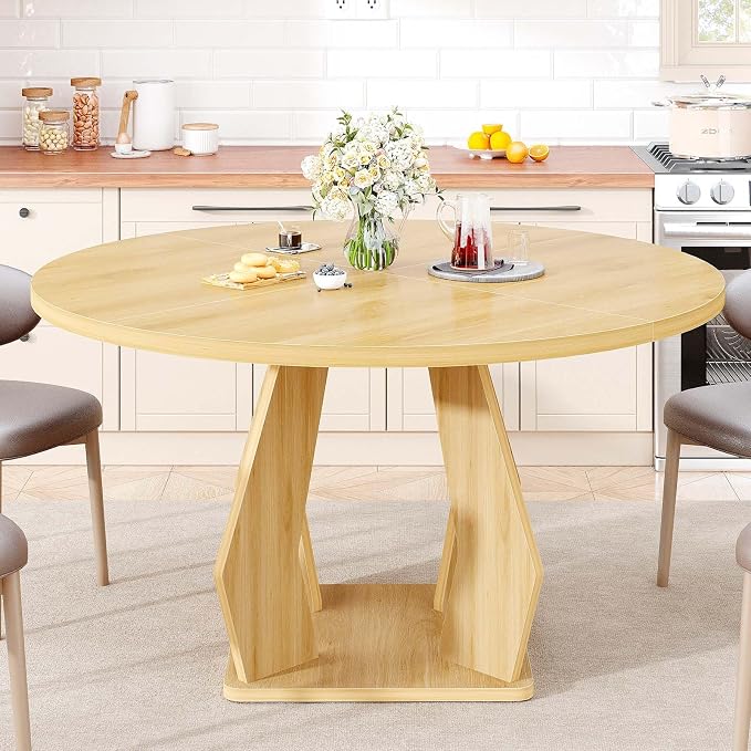 IBF Round Dining Table for 4-6 People,47 Inches Dining Room Table with Wooden Pedestal Base,Circle Dining Room Table for Kitchen,Office,Apartment,Living Room,Oak
