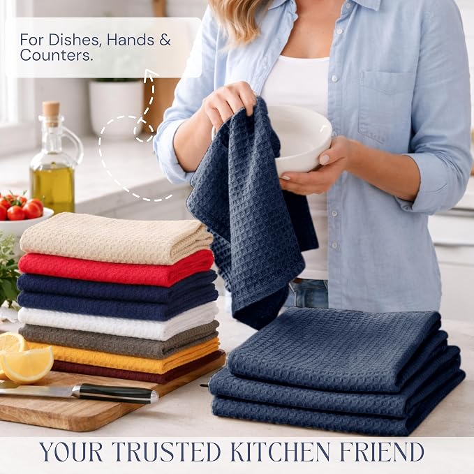 Navy Waffle Kitchen Dish Towels, 100% Cotton, Quick Dry, Super Absorbent, Soft, Lint-Free, 16x26 Inches - Ideal for Dish Drying, Tea, Cleaning, and Everyday Use, 4 Pack, Navy Blue