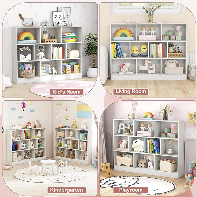 HONEY JOY Kids Toy Storage Organizer, 10-Section Wooden Floor Storage Cabinet, 41” Daycare Toy Chest, 3-Tier Kids Display Bookshelf for Classroom, Playroom & Nursery, Kindergarten (White)
