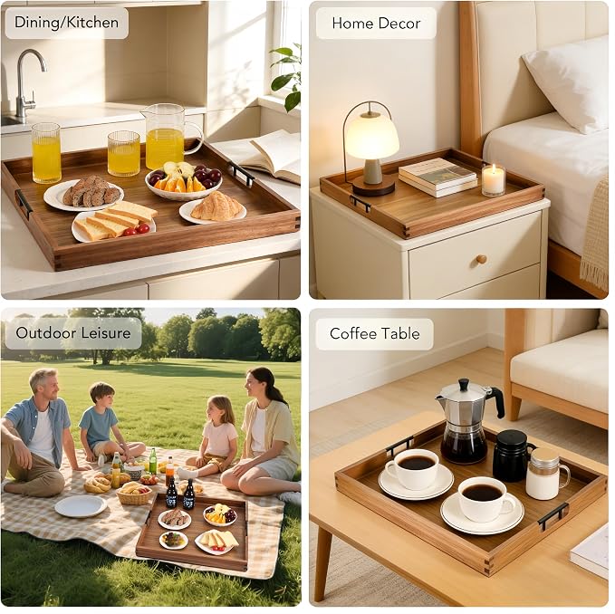 Joy&Grace Ottoman Tray for Living Room Large Acacia Wooden Serving Tray with Handles for Coffee Table, Breakfast in Bed, Food Dinner, Decorative Tray (Color Natural, 22" x 22" x 2")