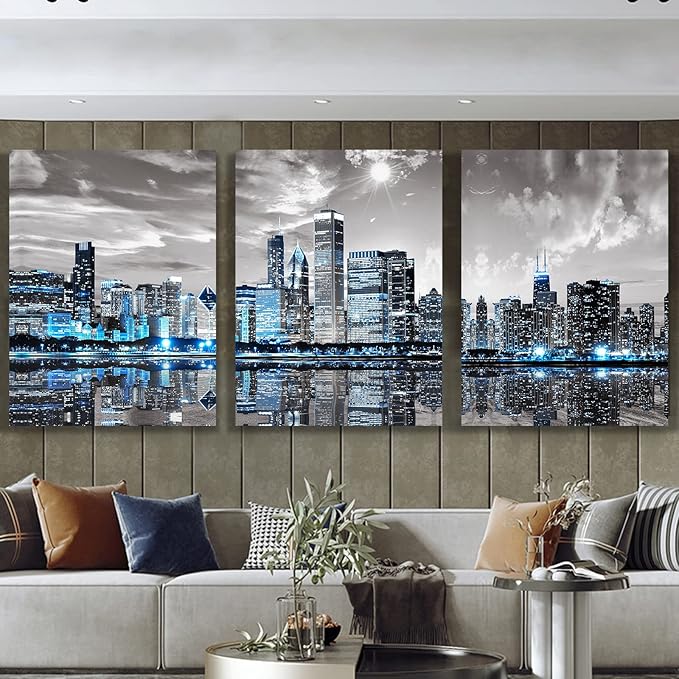 SERIMINO Wall Decor Living Room Modern City Chicago Skyline Large Canvas Wall Art for Bedroom Poster for Office Farmhouse 3 Pieces Set Wood Framed Night Scene Prints Paintings for Home 20"X28"