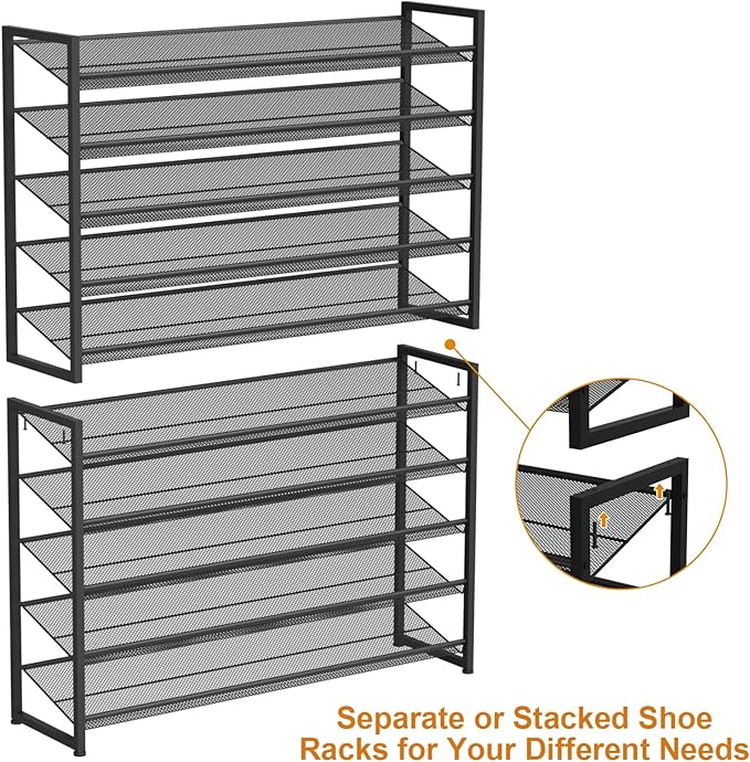 NEYCIL Large Shoe Rack 10 Tier Shoe Organizer, Heavy Duty Metal 5-Tier Stackable Shoe Storage Vertical Shoe Rack for Closet Front Door Entrance, Up to 62 Pairs, 44.8" W x 11.4" D x 71.2" H, Black