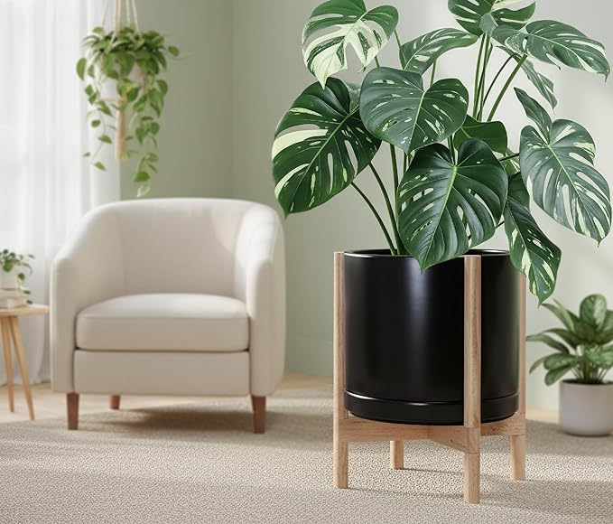 D'vine Dev Ceramic Planter with Natural Stand - 14 Inch Modern Round Flower Pot with Wood Planter Holder, Black, 55-B-R-2