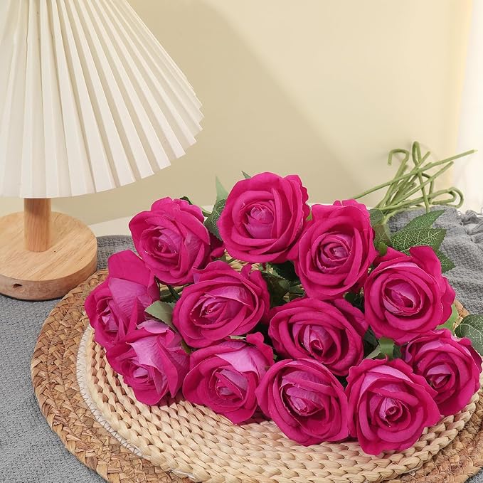 12Pcs Fuchsia Roses Artificial Flowers Fake Roses Faux Velvet Silk Flower for Home Wedding Decoration (Pearl Rose, Fuchsia)