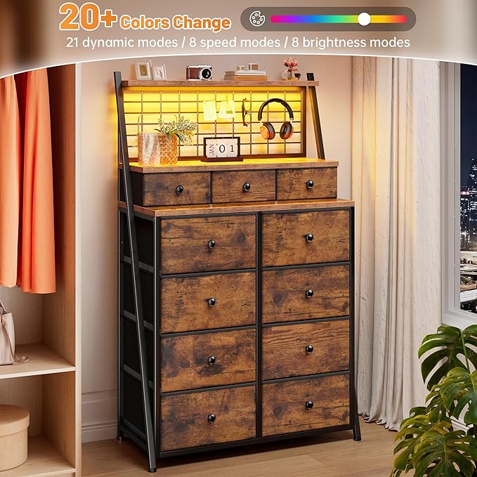 EnHomee 51" H Dresser for Bedroom with LED, 11 Drawer Dresser with Wire Grid Panels & Open Shelves for Entryway, Dorm, Rustic Brown, 11.8" D x 33.9" W x 51.2" H