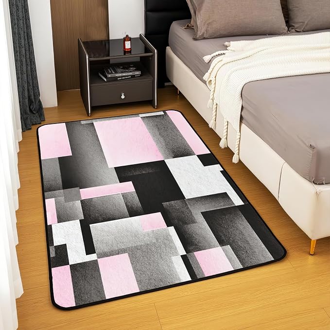 Abstract Pink Black Color Block Area Rug, Non Slip Living Room Rugs, Breathable Durable Carpet for Indoor Bedroom Conference Room Office Decor Rug - 4 ft x 5 ft