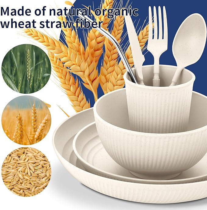 Wheat Straw Dinnerware Sets,64-Piece Beige Plates and Bowls Sets for 8-Unbreakable,Reusable Plastic Dish Set-Dinner Plate/Dessert Plate/Cereal Bowl/Cup/Utensils-Microwavable Dishwasher Safe 64P-Beige
