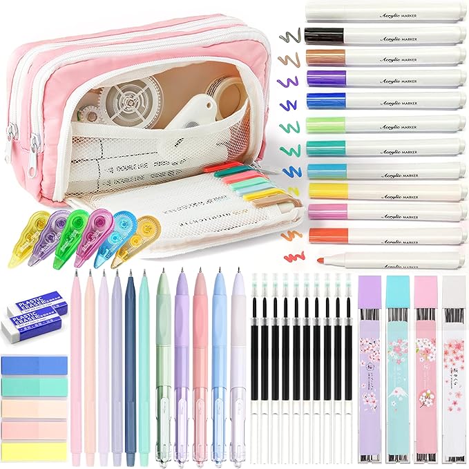 Ristpal 42 PCS Aesthetic School Supplies with Large Pencil Case, 12 Marker Pens with box, 5 Black Ink Gel Pens, 6 Mechanical Pencils Set, Sticky Notes, Complete Essentials Stationery Kit for Students