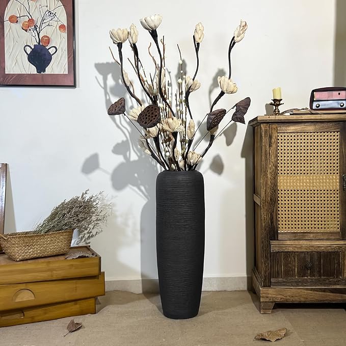 Large Rustic Ceramic Black Vase,23.6 Inch Tall Pottery Farmhouse Decor Floor Vase Vintage Flower Vases for Home Living Room Entryway Table Centerpiece Decor,Terracotta Vases,Wedding Gift