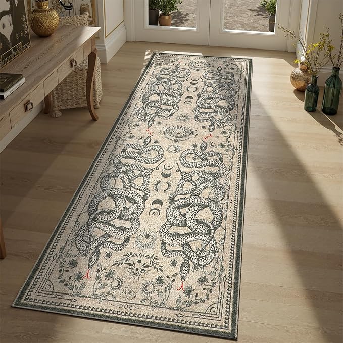 DCX Washable 2x6 Snake Runner Rug, Beige Gothic Rug for Living Room, Soft Low Pile Carpet, Kid & Pet Friendly with Rubber Back Non Slip, Stain Resistant Rug for Bedroom Dining Room Office