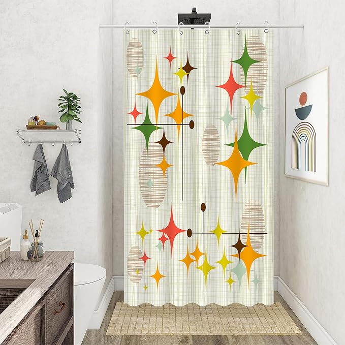 Stall Mid Century Modern Shower Curtain Set Retro Stars Shower Curtains for Bathroom Abstract Vintage Boho Art Waterproof Fabric Bath Curtain Decor (36'' x 72'')