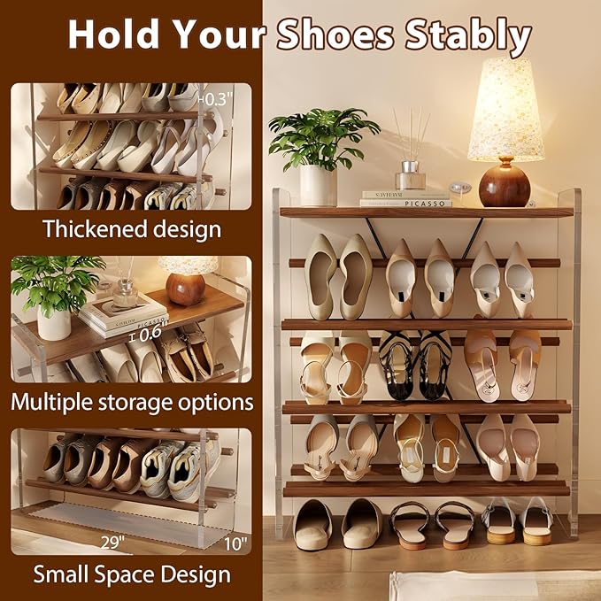 YQJJGL Free Standing Shoe Rack & Closet Shoe Shelf, for Entryway Small Space, Front Door, Garage, 4-Tier Slanted, Solid Wood & Acrylic Frame with Top Shelf Storage