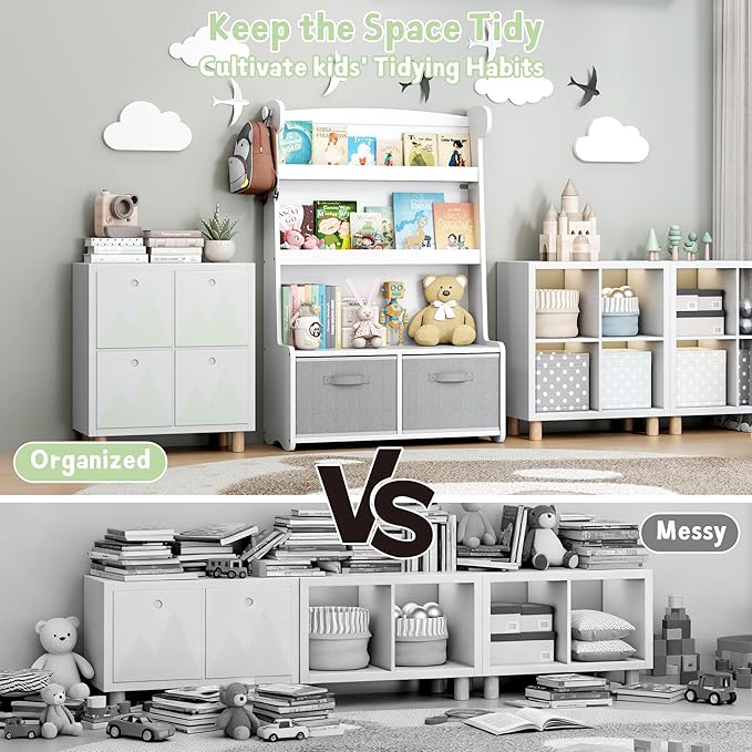 Kids Bookshelf and Toy Storage Organizer, 3 Tier Bamboo Todders Book Shelf Large Book Rack for Child Room Playroom Nursery for Kids, Children, Toddlers (White)