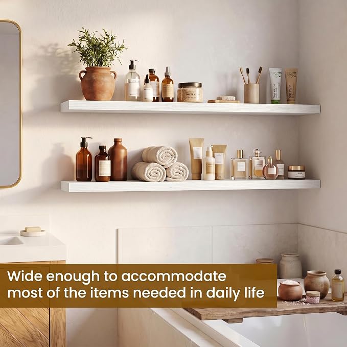 Dreamland Floating Shelves for Wall, Rustic White Floating Shelves for Bathroom|Bedroom|Kitchen, Deep Wall Mounted Book Shelf, Wood Storage Display Shelf for Home Decor, Set of 2