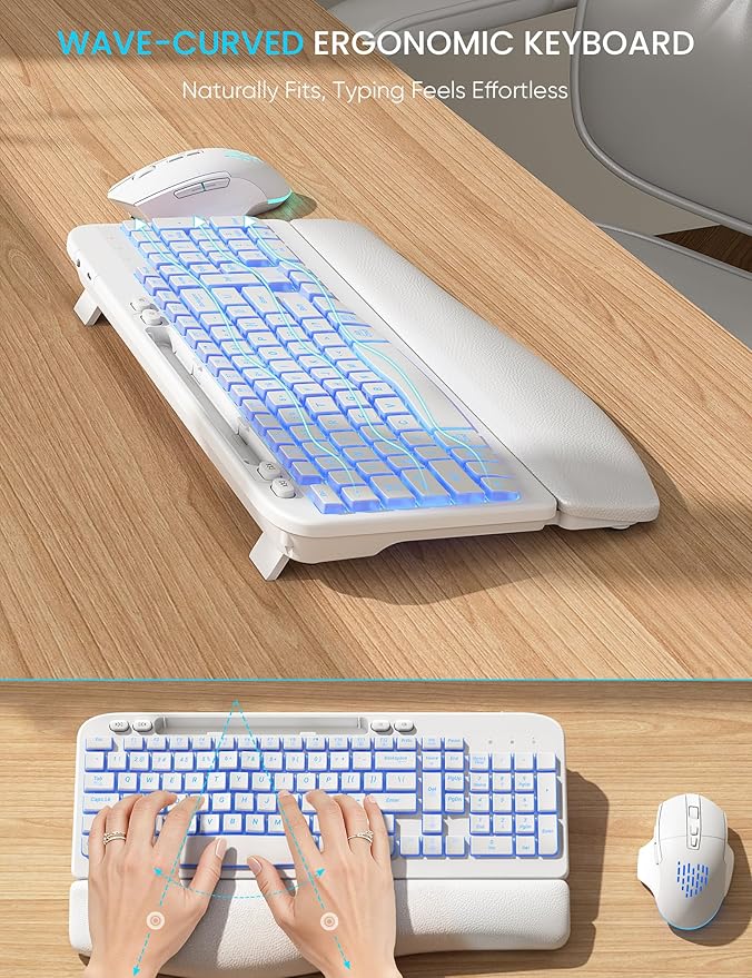 SABLUTE Wireless Keyboard and Mouse Combo - Ergonomic Wave Keyboard with Soft Leather Wrist Rest, Phone Holder, Rechargeable, RGB Backlit Mouse, Full-Size Set for Windows/Mac/Computer (White)