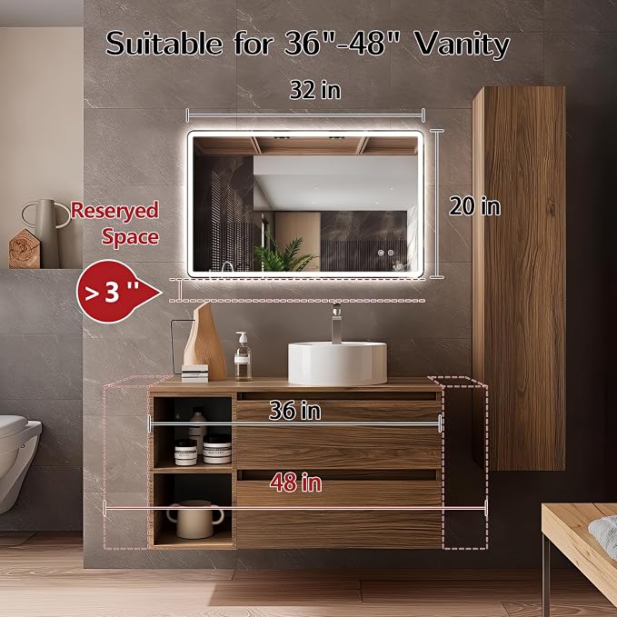 Niccy 20"x32" LED Bathroom Mirror, Rectangle Vanity Mirrors with Lights, Frontlit & Backlit Lighted Vanity Mirror, Memory Funtion, 3 Colors & Stepless Dimmable, Anti-Fog, Horizontal/Vertical