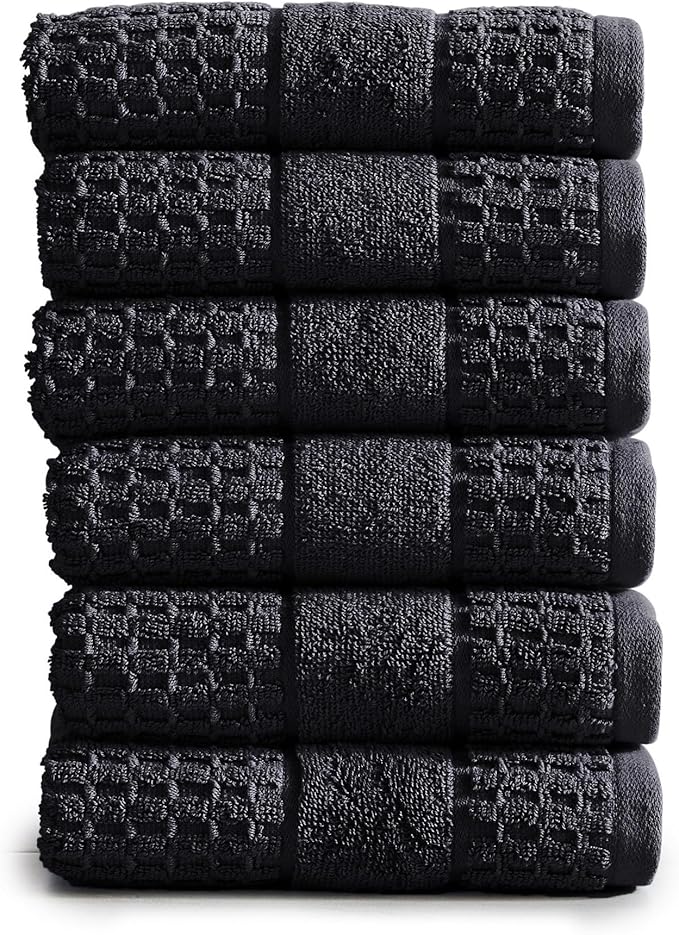 Market & Place 100% Cotton Super Soft Luxury Hand Towel Set | Quick-Dry and Highly Absorbent | Waffle Textured | 550 GSM | Includes 6 Hand Towels | Harper Collection (Black)