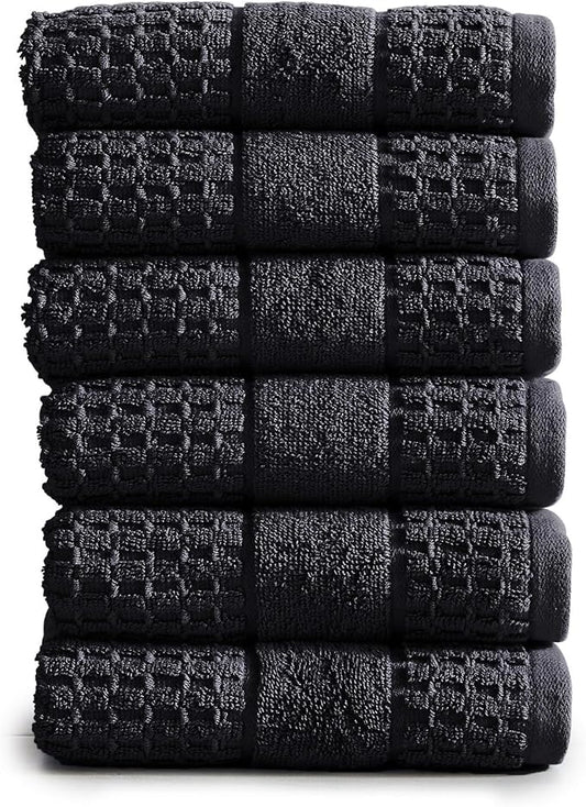 Market & Place 100% Cotton Super Soft Luxury Hand Towel Set | Quick-Dry and Highly Absorbent | Waffle Textured | 550 GSM | Includes 6 Hand Towels | Harper Collection (Black)