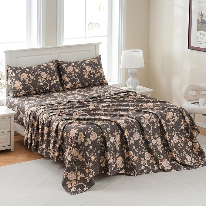 Zusbest Dark Brown Floral Bed Sheets Set - Full Size Percale Cotton Shabby Rustic Peony Flower Print Bed Sheets - Soft Breathable Mocha Classic Vintage Bedding 4 Pcs Deep Pocket Flower Bed Sheets