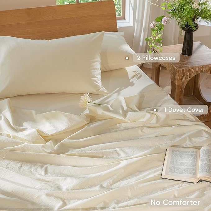 MooMee Bedding Duvet Cover Set 100% Washed Cotton Linen Like Textured Breathable Durable Soft Comfy (Solid Cream White, Super Queen 90"x98")