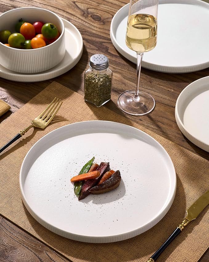 8-Piece Ceramic Plates and Bowls Sets for 4, Matte White | Handcrafted reactive glaze stoneware dinnerware. Chip & scratch resistant. Microwave & dishwasher safe. Everyday/formal use.