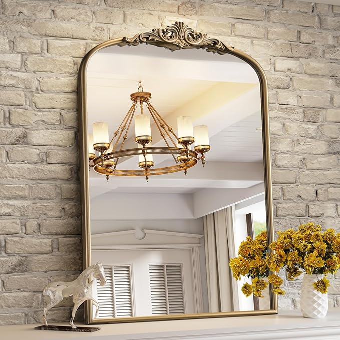 Vintage Baroque Arched Wall Mirror, 30"x40" Antique Gold Bathroom Wall Mirrors, Large Ornate Arch Bronze Mirror for Over Sink, Fireplace, Entryway, Living Room, Hanging or Leaning
