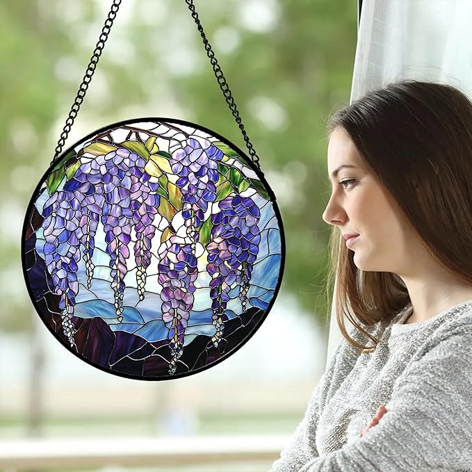 Stained Glass Window Hanging, Purple Wisteria Flowers Suncatcher for Doors Window Home Plant Sun Catchers Decoration Mother's Day Birthday Gifts for Women, Men, and Mom 6.3x6.3 in