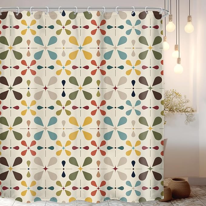 Boho Mid Century Shower Curtain Bathroom Set 71Wx84H Inches Extra Long Abstract Modern Colourful Vintage Bohemian Geometric Bath Accessories Water Drop Art Home Decor Fabric 12 Pack Hooks