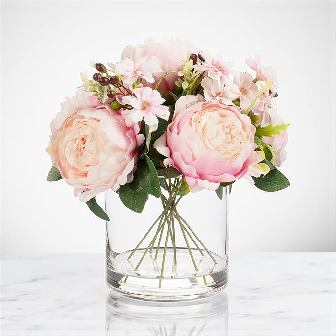 ENOVA FLORAL Artificial Flower Arrangement with Vase,Mixed Artificial Fake Silk Peony Flower in Vase for Decoration Home Office, Wedding Centerpiece (Pink01)