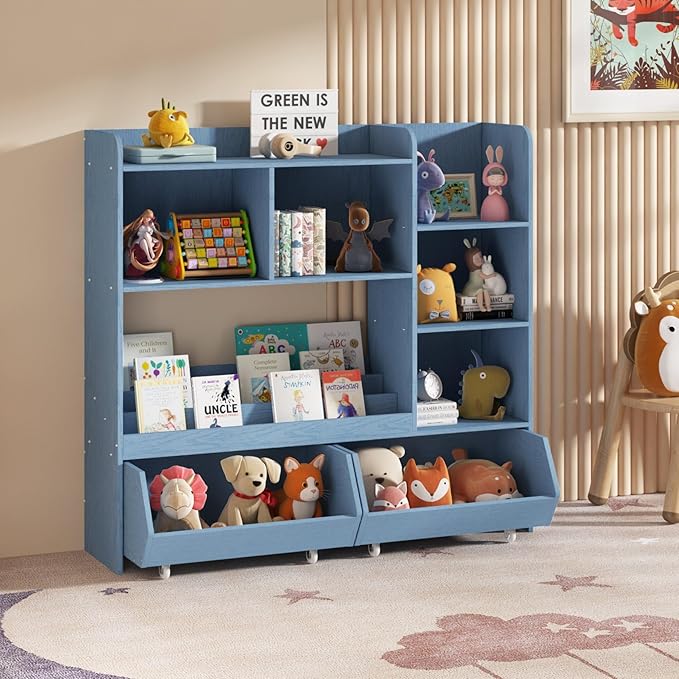 Bookshelf Toy Storage Organizer, Kids Bookshelf and Cabinet for Boys and Girls, Muti-Functional Kids Display Bookcase and Storage Bin with Moveable Drawers for Children Nursery Room
