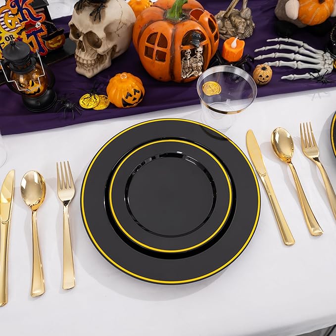 SUT 175 Piece Black and Glod Plastic Dinnerware Set for 25 Guests, Disposable Plastic Plates, Include: 25 Dinner Plates, 25 Dessert Plates, 25 Pre Rolled Napkins with Silver Silverware, 25 Cups