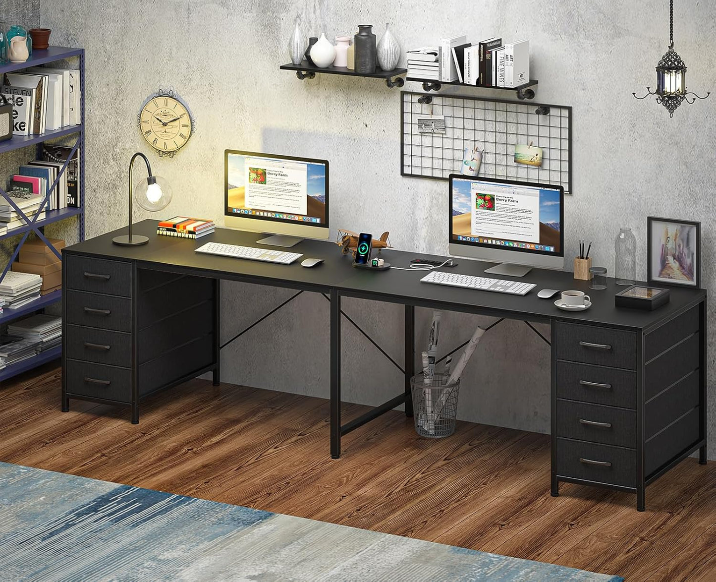 TVU 95 | Large 2-Person Writing Desk with 8 Drawers & Outlets - I-Shaped Home Office Workstation