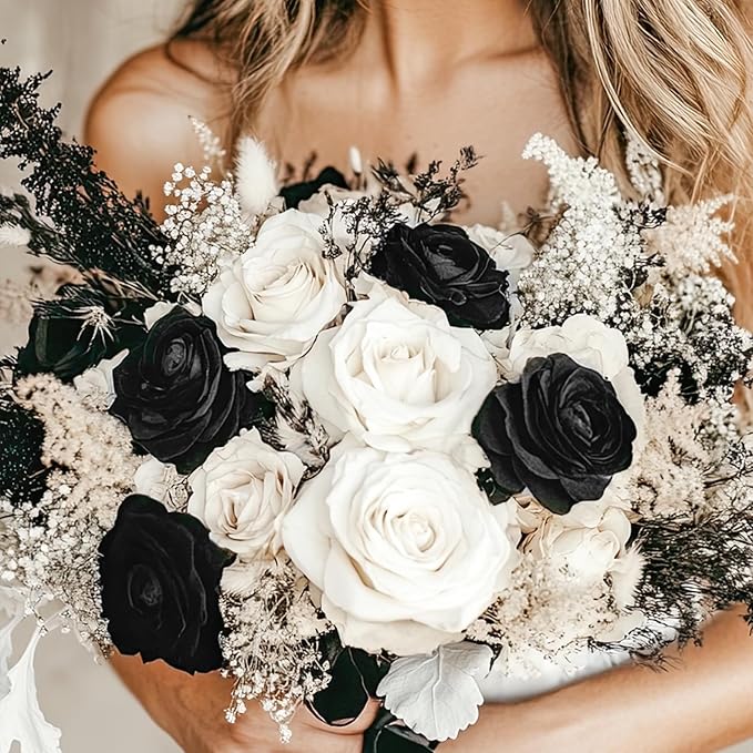 50pcs Artificial Roses Flowers in Bulk,Realistic Silk Fake Rose with Long Stem for Wedding Centerpieces Bouquet Party Floral Arrangement Home Decoration(Black)