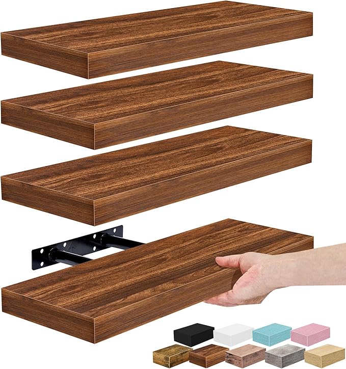 Sorbus Floating Shelves for Wall – 16 Inch Floating Shelf for Kitchen, Bedroom, Living Room, Bathroom, Home & Wall Decor - Mounted Bathroom Shelves with Invisible Brackets (Walnut, 4 Pack)