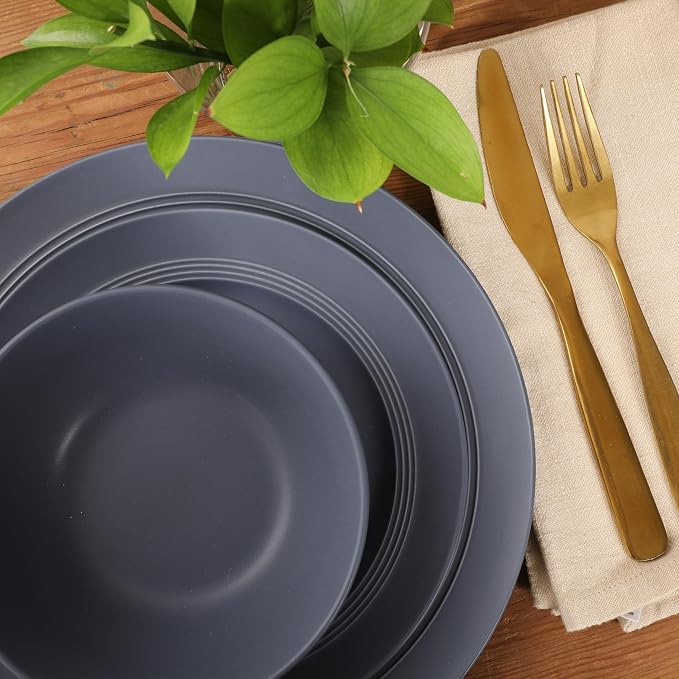 Gibson Elite Soleil 12 Piece Echo Blue Stoneware Dinnerware Set for 4, Plates and Bowls Set with Dinner Plates, Salad Plates and Bowls