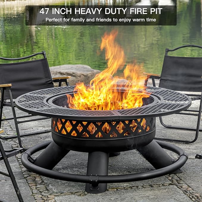 Panovue 47 Inch Outdoor Wood Burning Fire Pit with 2 Grills,Extra Large 3-in-1 Fire Pit with Metal Lid & Fire Poker, Heavy Duty BBQ Firepits for Outside, Backyard, Bonfire, Patio & Party (47'' Black)