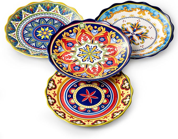 UNICASA Ceramic Dessert Plate Set of 4, 9 Inch Snack Plates with Scalloped Edges – Serving Dishes for Salad, Cake, Cheese, Vibrant Boho Decoration, Microwave & Dishwasher Safe