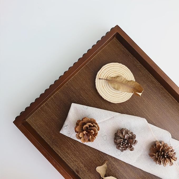 Hrastany Wood Decorative Tray, Distressed Outdoor Serving Tray with Wooden Bead for Ottoman, Coffee Table, Entertaining, Home Decor, Rectangular 15.7”*11.8”*1.57” (Dark Brown)